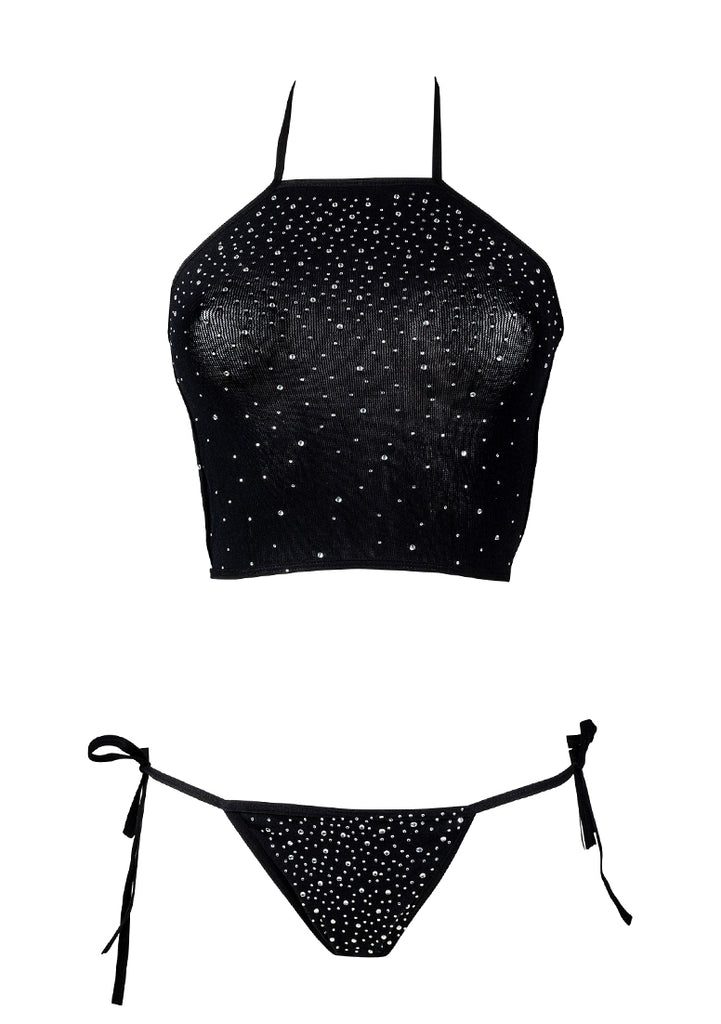 Festive Rhinestone Top and Thong OS - Black